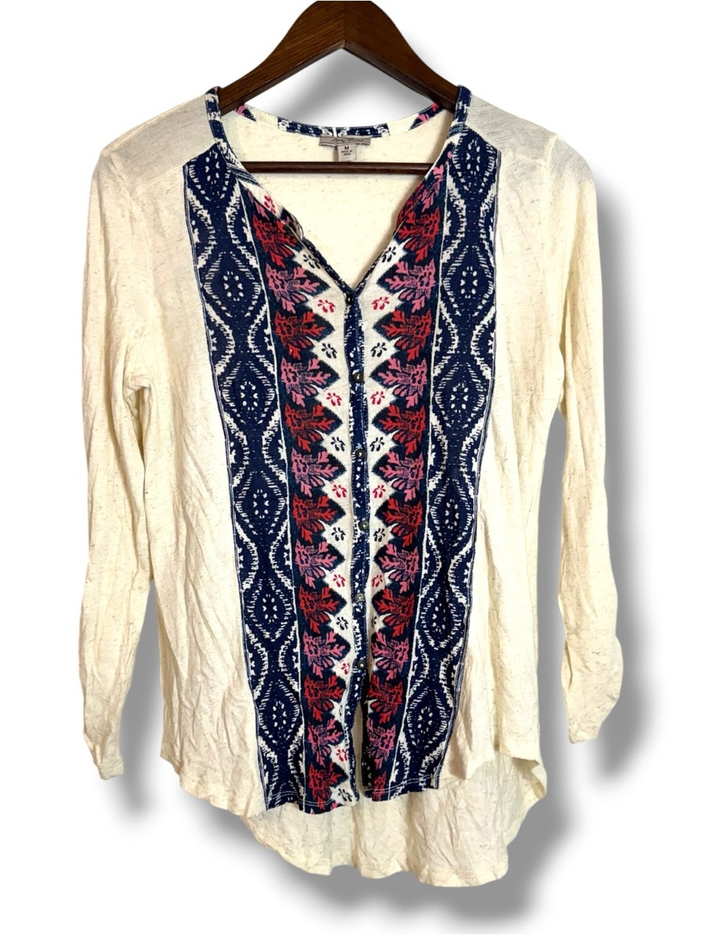 Lucky Brand Cream Southwestern Print Button Placket Long Sleeve Tunic Blouse Top